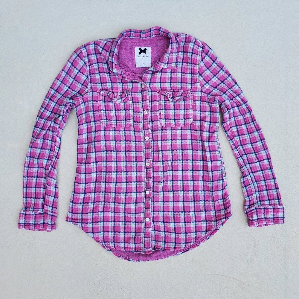 Gilly Hicks pink plaid button down long sleeve shirt